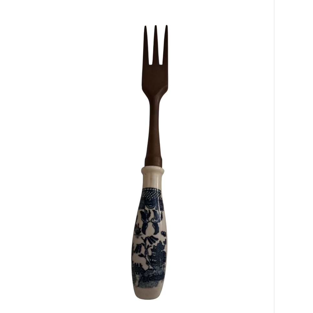 Blue and White Ceramic & Wood Handle Fork